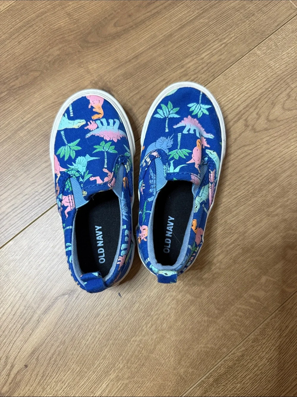Old Navy Blue Slip-On Sneakers with Pink & Green Dinosaur Print